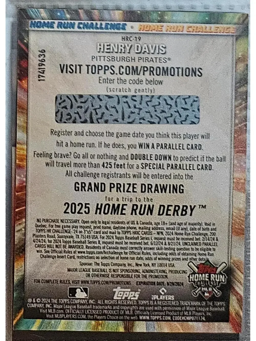 2024 Topps #HRC-19 Henry Davis BASEBALL Pirates - Picture 2 of 2